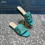 Gucci Women GG Slide Sandal Turquoise Leather Textured Logo Star Flat 1 Cm Heel - Imagen 4