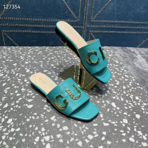 Gucci Women GG Slide Sandal Turquoise Leather Textured Logo Star Flat 1 Cm Heel (1)