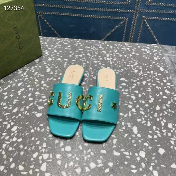 Gucci Women GG Slide Sandal Turquoise Leather Textured Logo Star Flat 1 Cm Heel (10)