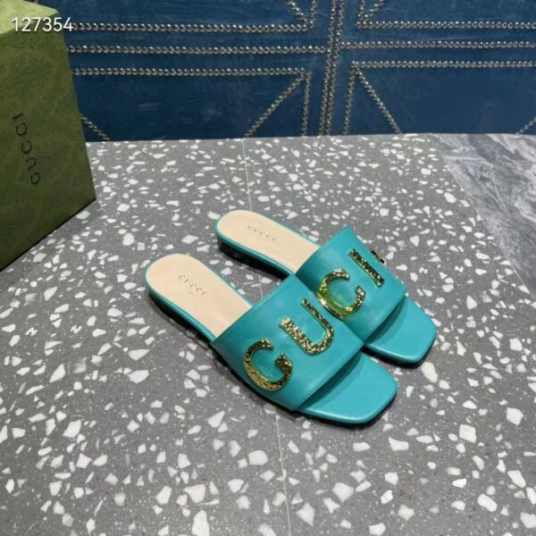 Gucci Women GG Slide Sandal Turquoise Leather Textured Logo Star Flat 1 Cm Heel (11)