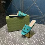 Gucci Women GG Slide Sandal Turquoise Leather Textured Logo Star Flat 1 Cm Heel - Imagen 3