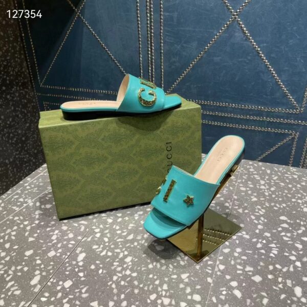 Gucci Women GG Slide Sandal Turquoise Leather Textured Logo Star Flat 1 Cm Heel (2)