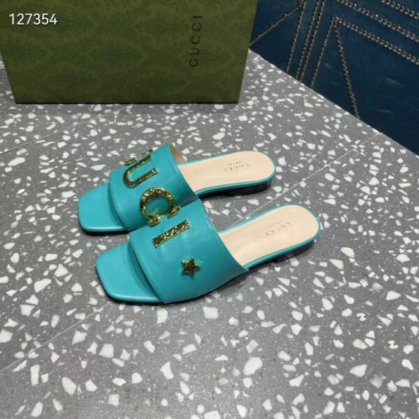 Gucci Women GG Slide Sandal Turquoise Leather Textured Logo Star Flat 1 Cm Heel (3)