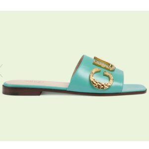 Gucci Women GG Slide Sandal Turquoise Leather Textured Logo Star Flat 1 Cm Heel