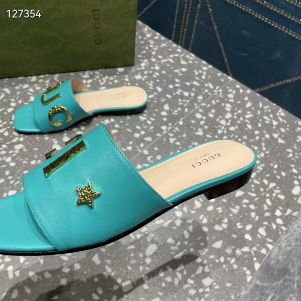 Gucci Women GG Slide Sandal Turquoise Leather Textured Logo Star Flat 1 Cm Heel (5)