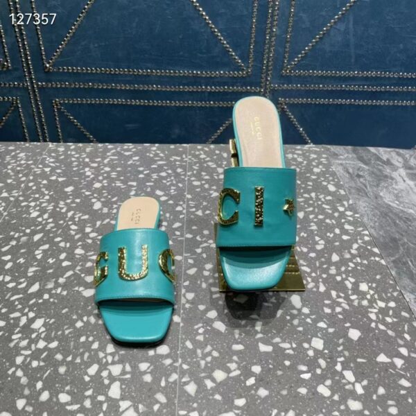 Gucci Women GG Slide Sandal Turquoise Leather Textured Logo Star Flat 1 Cm Heel (6)