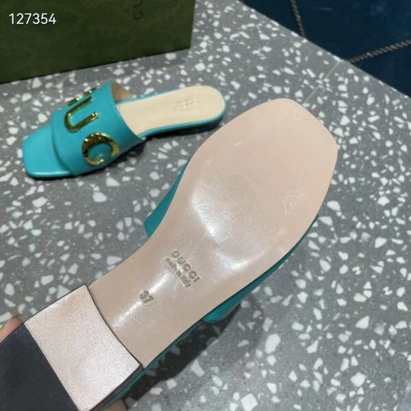 Gucci Women GG Slide Sandal Turquoise Leather Textured Logo Star Flat 1 Cm Heel (7)