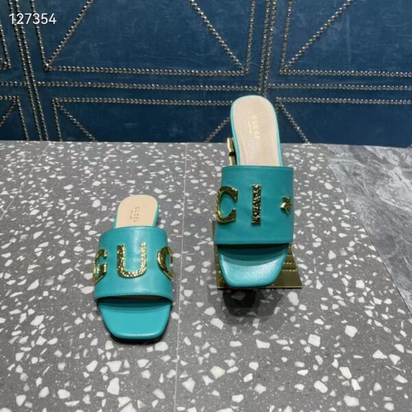 Gucci Women GG Slide Sandal Turquoise Leather Textured Logo Star Flat 1 Cm Heel (8)