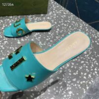 Gucci Women GG Slide Sandal Turquoise Leather Textured Logo Star Flat 1 Cm Heel (4)