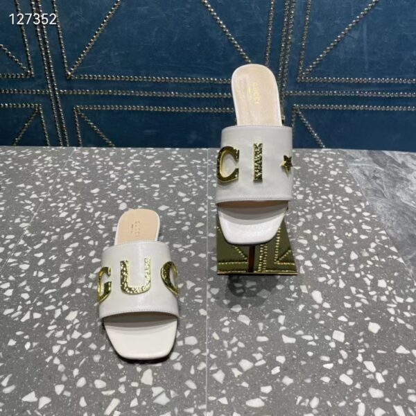 Gucci Women GG Slide Sandal White Leather Textured Logo Star Flat 1 Cm Heel (1)