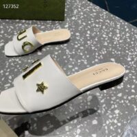 Gucci Women GG Slide Sandal White Leather Textured Logo Star Flat 1 Cm Heel (4)