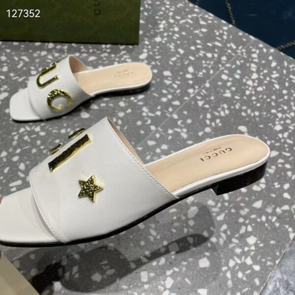Gucci Women GG Slide Sandal White Leather Textured Logo Star Flat 1 Cm Heel (10)