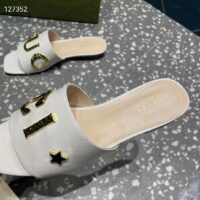 Gucci Women GG Slide Sandal White Leather Textured Logo Star Flat 1 Cm Heel (4)