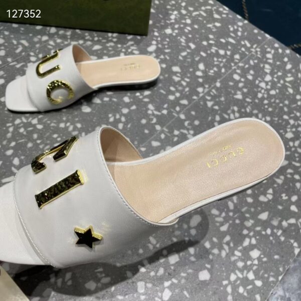 Gucci Women GG Slide Sandal White Leather Textured Logo Star Flat 1 Cm Heel (2)