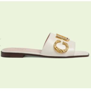 Gucci Women GG Slide Sandal White Leather Textured Logo Star Flat 1 Cm Heel