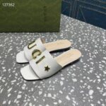 Gucci Women GG Slide Sandal White Leather Textured Logo Star Flat 1 Cm Heel - Image 3