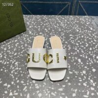 Gucci Women GG Slide Sandal White Leather Textured Logo Star Flat 1 Cm Heel (4)