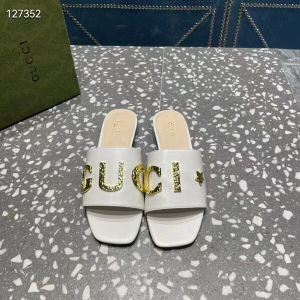 Gucci Women GG Slide Sandal White Leather Textured Logo Star Flat 1 Cm Heel (7)