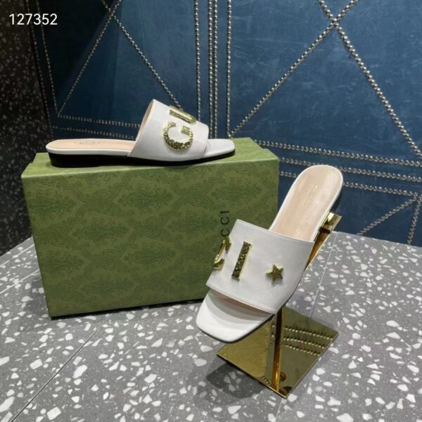 Gucci Women GG Slide Sandal White Leather Textured Logo Star Flat 1 Cm Heel (8)