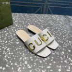 Gucci Women GG Slide Sandal White Leather Textured Logo Star Flat 1 Cm Heel - Image 2