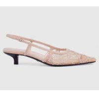 Gucci Women GG Slingback Pump Rose Beige Mesh Crystals Kitten 4 Cm Heel (6)