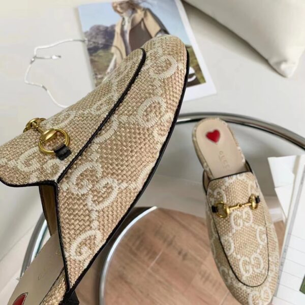 Gucci Women Maxi GG Princetown Slipper Beige White GG Raffia Effect Fabric Flat (3)