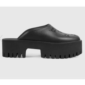 Gucci Women Slip-On Sandal Black Perforated GG Rubber Mid 6 Cm Heel