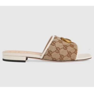 Gucci Women's GG Matelassé Canvas Slide Sandal Double G Square Toe Leather Flat