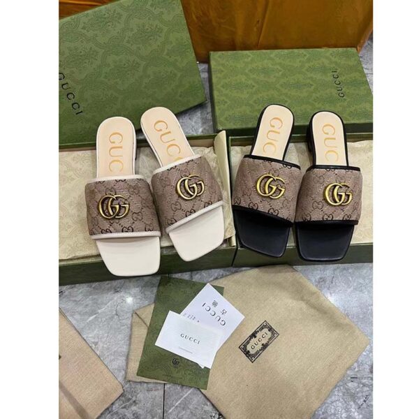 Gucci Women’s GG Matelassé Canvas Slide Sandal Double G Square Toe Leather Flat (6)