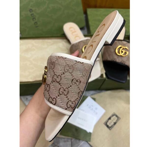 Gucci Women’s GG Matelassé Canvas Slide Sandal Double G Square Toe Leather Flat (7)
