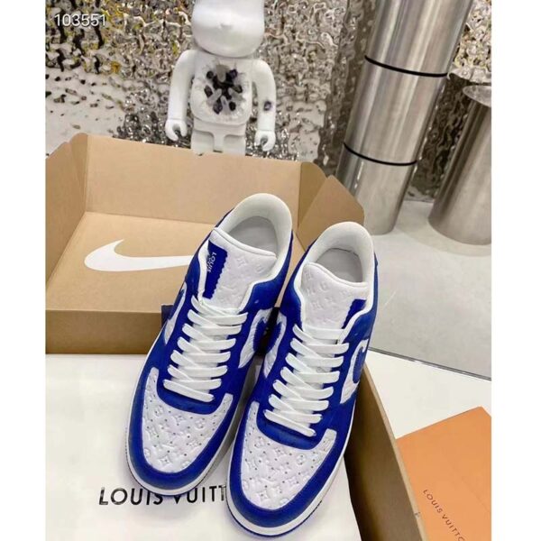 Louis Vuitton LV Unisex Nike Air Force 1 Sneaker Blue Monogram Embossed Calf Leather (9)