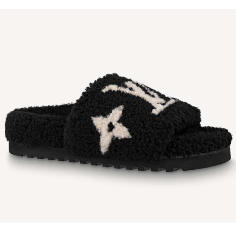 Louis Vuitton Homey Black Shearling Fur Slippers Size 39 - Wornright  Authenticated Shopping