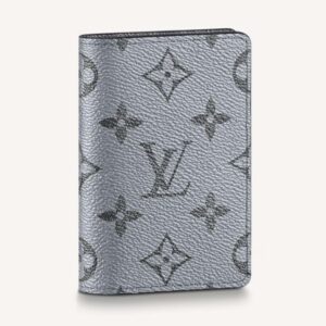 Louis Vuitton LV Unisex Pocket Organizer Gunmetal Gray Monogram Coated Canvas Taiga Cowhide
