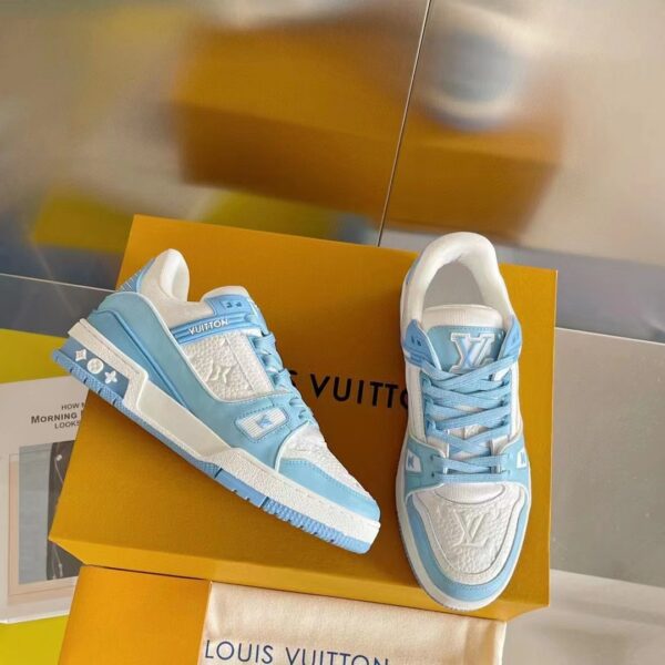Louis Vuitton LV Unisex Trainer Sneaker Blue Mix Materials Initials Monogram Flowers (4)