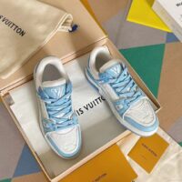 Louis Vuitton LV Unisex Trainer Sneaker Blue Mix Materials Initials Monogram Flowers (5)