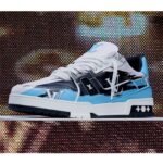 Louis Vuitton LV Unisex Trainer Sneaker Blue Printed Calf Leather Rubber Outsole – Image 2