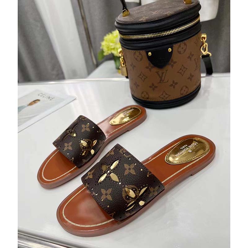 Replica Louis Vuitton Lock It Flat Mules In Perforated Monogram Canvas for  Sale