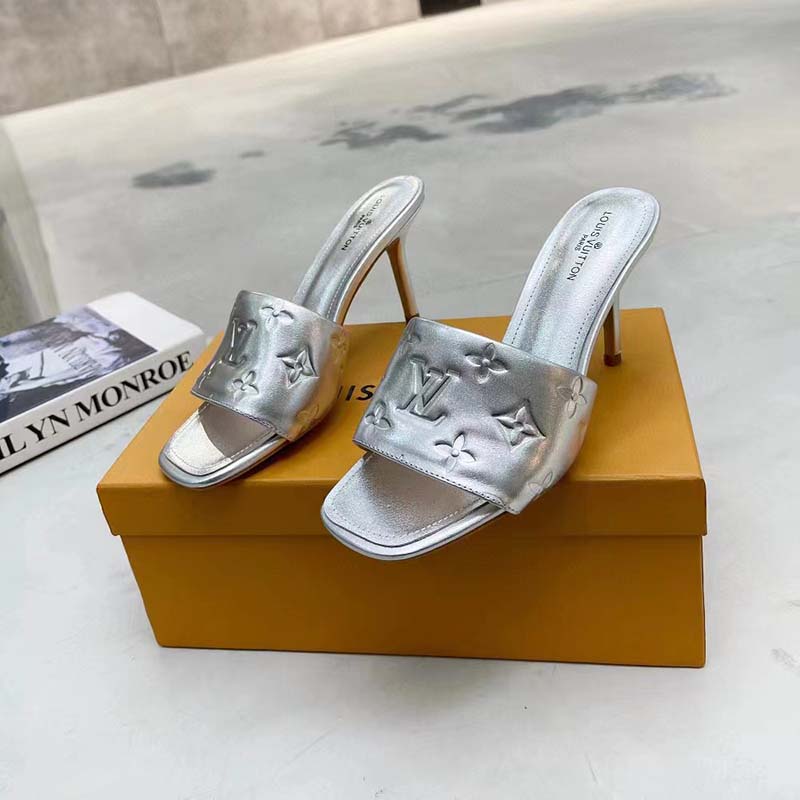 Louis Vuitton Women's Jumbo Flatform Mule Sandals Monogram Embossed  Lambskin Silver 2014051