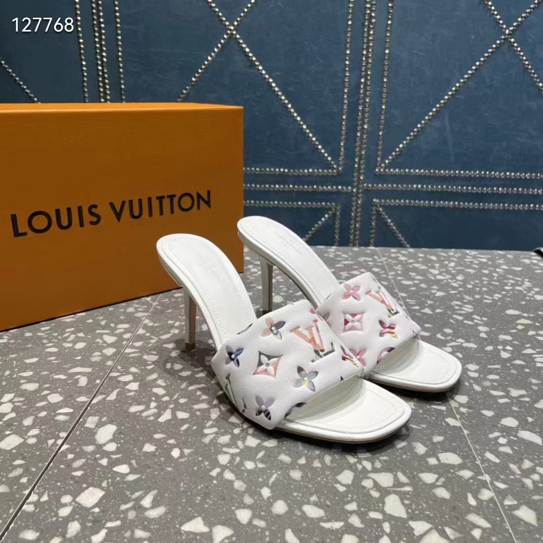 LOUIS VUITTON Metallic Lambskin Embossed Monogram Revival Flat Mules 37.5  Silver 1189299