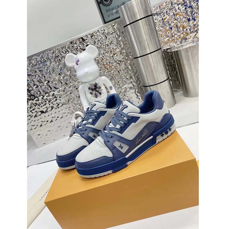 Lv trainer leather low trainers Louis Vuitton Blue size 7 UK in Leather -  36428086