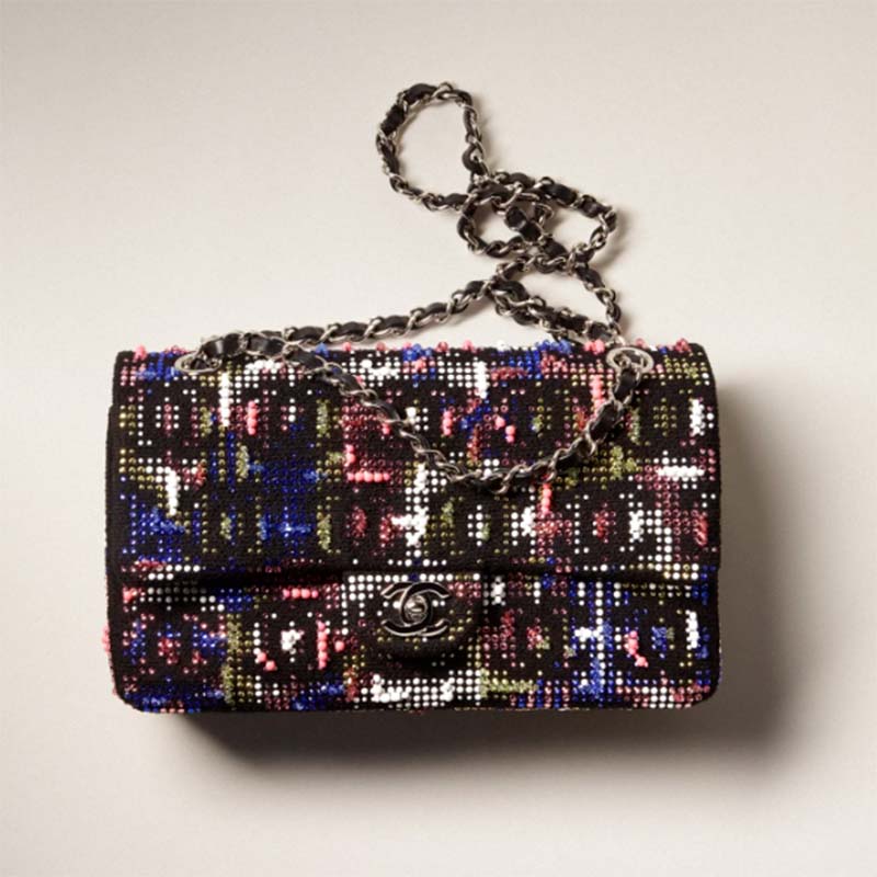 Chanel Women CC Classic Handbag Embroidered Tweed Glass Beads