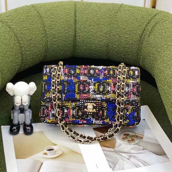 Chanel Women CC Classic Handbag Embroidered Tweed Glass Beads Strass Metal Black Multicolor (8)
