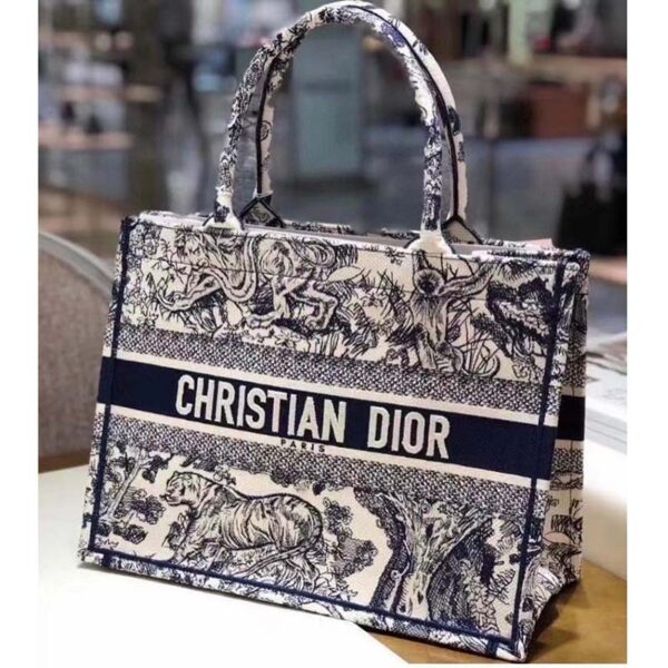 Dior Unisex CD Medium Book Tote Navy Blue Toile De Jouy Embroidery (2)