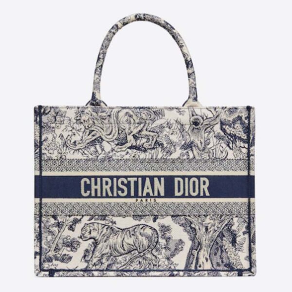 Dior Unisex CD Medium Book Tote Navy Blue Toile De Jouy Embroidery (6)