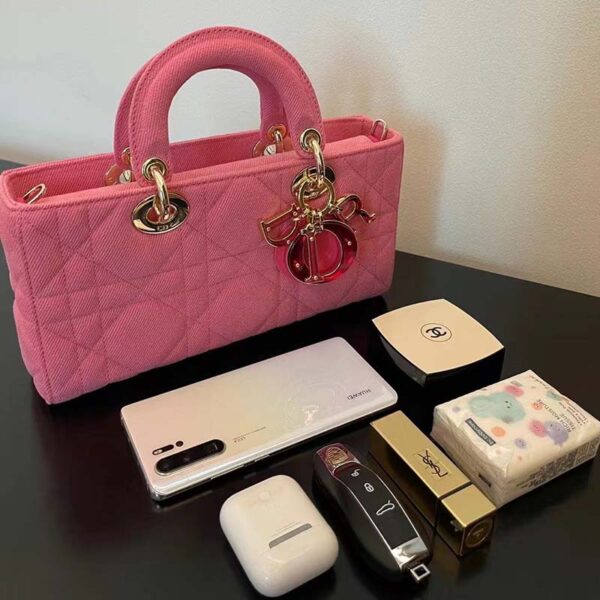 Dior Women CD Medium Lady D-Joy Bag Bright Pink Cannage Denim (5)