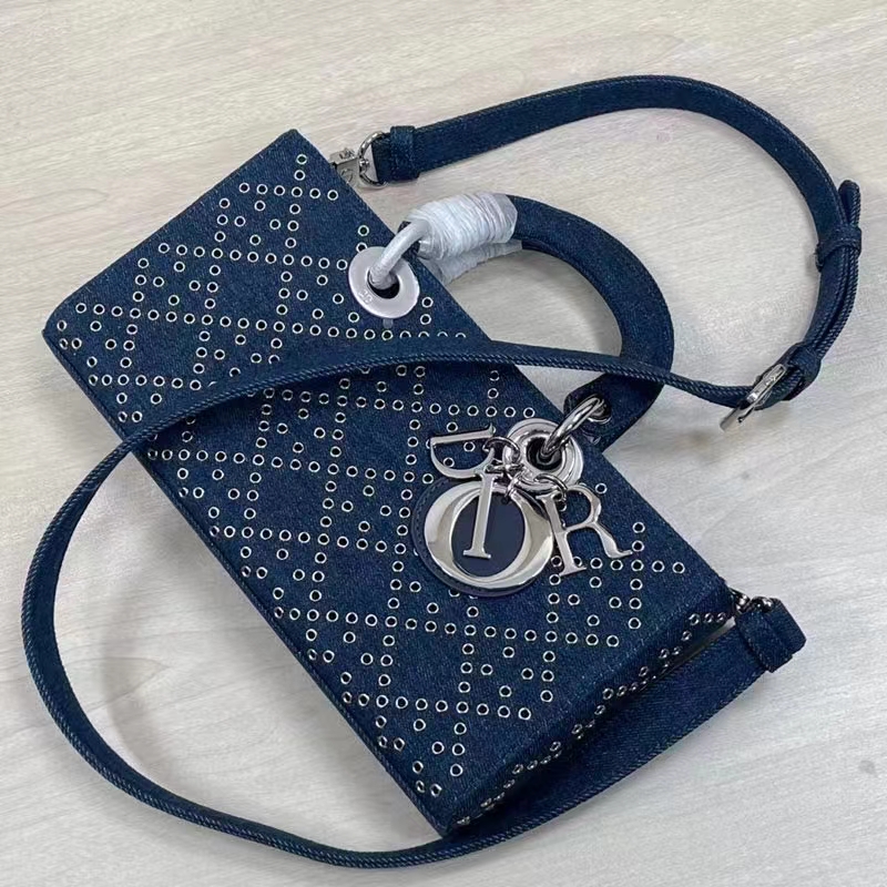 Dior Women CD Medium Lady D-Joy Bag Eyelet Blue Cannage Denim