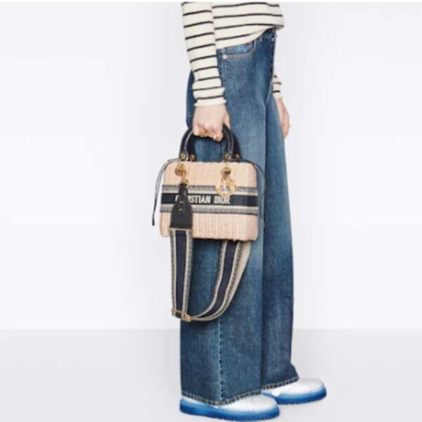 Dior Women CD Medium Lady Dior Bag Natural Wicker Blue Oblique Jacquard (9)