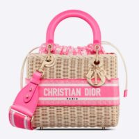 Dior Women CD Medium Lady Dior Handbag Natural Wicker Fluorescent Pink Oblique Jacquard (9)