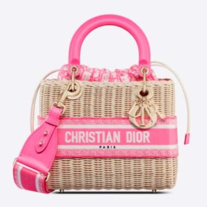 Dior Women CD Medium Lady Dior Handbag Natural Wicker Fluorescent Pink Oblique Jacquard