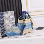 Dior Women CD Mini Lady Dior Handbag Natural Wicker Fluorescent Blue Oblique Jacquard - Imagen 4